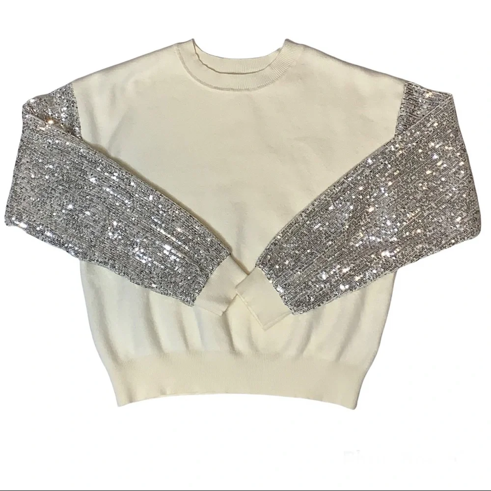 LUSH Sequin Sleeve Sweater Silver Cream Coquette Comfy Cozy Winter Sparkly Small - Picture 9 of 15